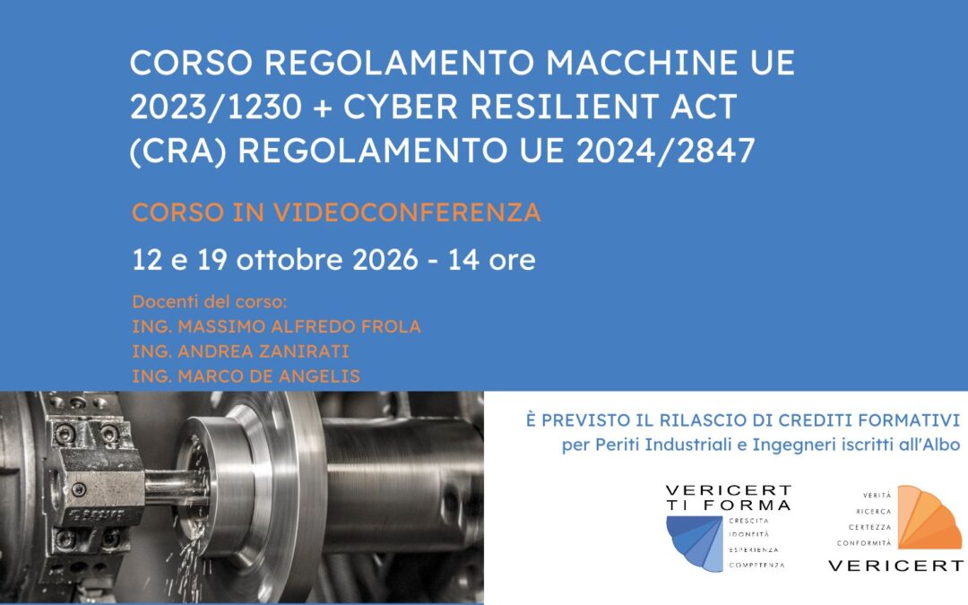 Corso regolamento macchine UE 2023/1230 e Cyber Resilient Act (CRA) regolamento UE 2024/2847